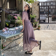 紫色方领收腰显瘦连衣裙女2023夏季新款法式轻熟风高级感气质长裙，女装连衣裙，2C037