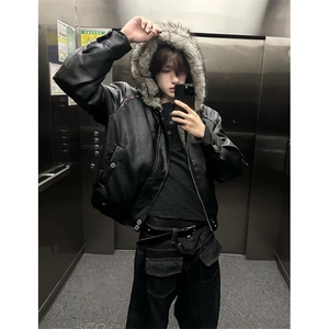 复古荔枝纹机车短款皮衣外套男秋冬宽松廓形黑色皮夹克PHT284,菲拉格慕男皮鞋搭配图片