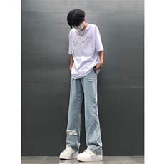 现货夏季显瘦破洞设计感宽松直筒高街薄款休闲牛仔裤K5802-特P35，男装牛仔裤，星座205