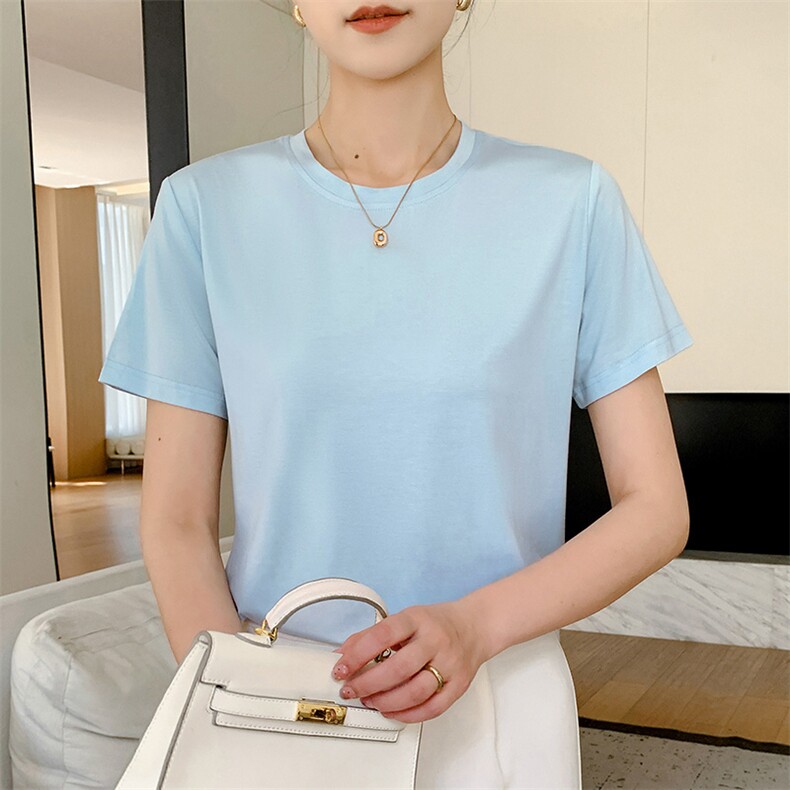 2025年秋季薄款圆领纯色日常短袖时尚百搭简约大方，女装T恤，蒙亿羊绒