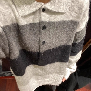 秋冬季原宿风复古撞色条纹设计感针织衫男POLO领休闲毛衣 M2385图片