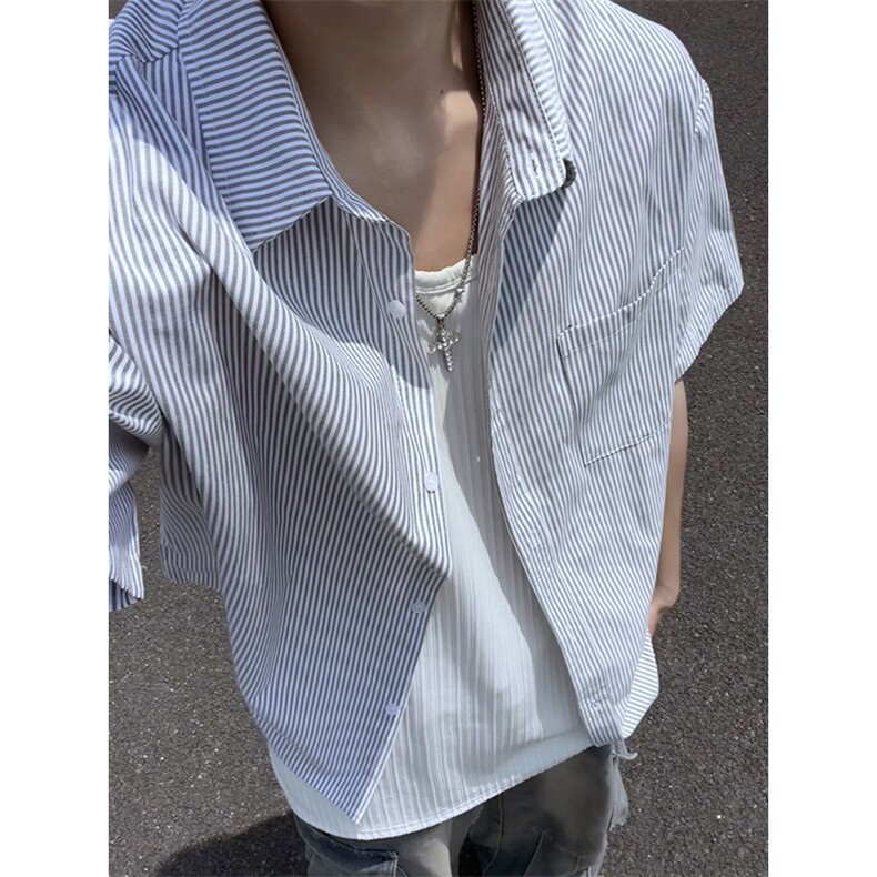 夏季条纹短袖衬衫男潮牌宽松休闲翻领衬衣外套DC2237-特价P26,男装T恤,电商A007