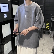 美式复古麂皮绒短袖t恤男夏季ins潮流五分半袖体恤潮牌T05570-P38，男装T恤，星座308B-1
