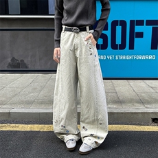 8X-M卡通绣花休闲裤男2025新款情侣宽松阔腿弯刀裤子K9173P78，男装休闲裤，电商D206-1
