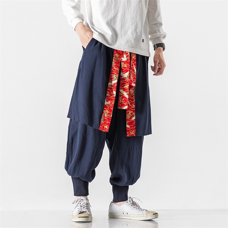 秋冬大码风复古仙鹤拼接棉麻裤宽松哈伦裤阔腿裤潮K113/P80,男装休闲裤,钱塘713