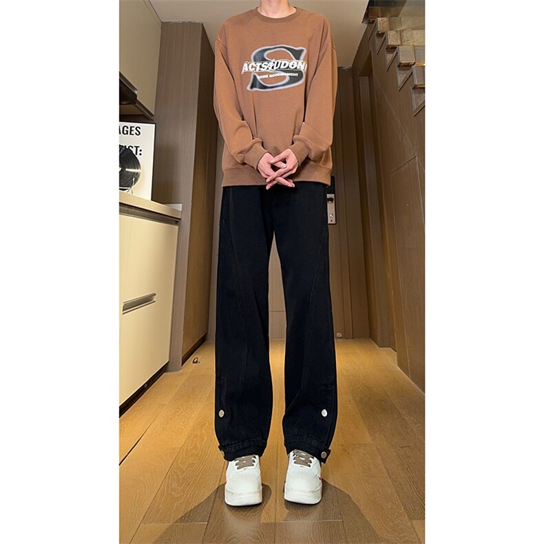 现货复古蓝开衩扣子牛仔裤男美式休闲直筒阔腿裤K5821-P55控78,男装牛仔裤,星座205