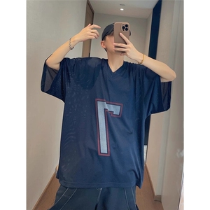 【现货】DTK42-特批30夏季宽松运动网眼镂空数字印花大短袖T恤男图片