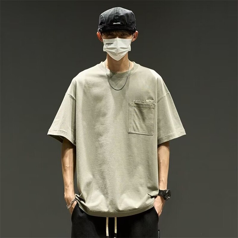 2025短袖t恤男夏季简约纯色日系口袋工装半袖宽松百搭设计感薄款，男装T恤，星座1210-1