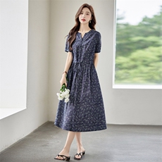 时尚碎花棉麻短袖连衣裙女2026夏季新款收腰显瘦休闲气质V领裙子，女装连衣裙，倪叶myz