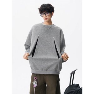 WY10152-特P45 控78 小众撞色拼接破缝假两件大码男大码情侣卫衣图片