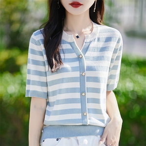 条纹纯棉针织衫女夏季薄款2025新款时尚拼色宽松透气v领短袖t恤潮图片