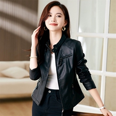2024春秋季女装新款大量现货时尚收腰显瘦立领短款皮衣，女装皮衣，魅衣本色