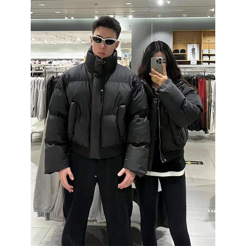 现货5W件冬季三防重磅硬挺boxy短款羽绒立领PU皮棉衣外套加厚棉服,男装棉衣,电商A486