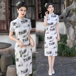 新中式风弹力水墨印花旗袍（有弹力） 2503 P120,女装汉服/婚纱/旗袍/礼服,乐衣轩