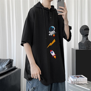 LD54165-P45 连帽短袖t恤男大码胖子带帽五分袖中袖图片