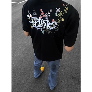 网图有货 夏季美式连肩花体刺绣短袖T恤男女情侣宽松上衣A502-P35图片