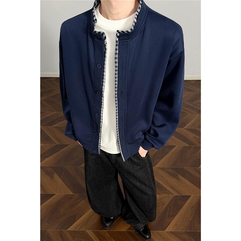 2026春季高级感320g华棉假两件格子拼接开衫外套男J6504特P48控98,女装短外套,电商A001