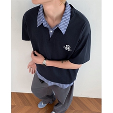 夏季纯棉假两件短袖男格子拼接polo衫t恤翻领学院风宽松休闲上衣，男装Polo衫，星座601-1