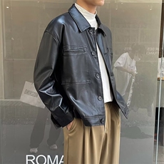 复古宽松短款PU皮衣外套男痞帅上衣春秋季翻领机车休闲夹克JKA15，男装夹克，星座1116A-2（原606A-1）