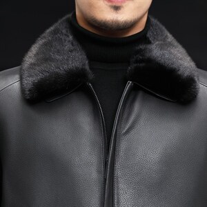 J8068T新款海宁男式绵羊皮皮衣男兔毛内胆翻领皮克服P990，男装皮衣，电商B360