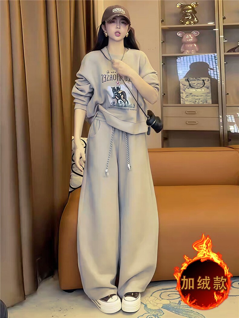 时尚休闲套装女秋冬新款宽松洋气减龄圆领印花卫衣阔腿长裤两件套,女装套装/套裙,江南