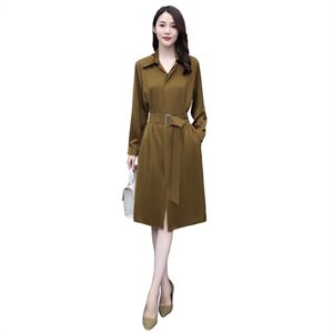 2021年秋季 纯色 通勤 淑女 长袖 中长款 系带 口袋 连衣裙图片
