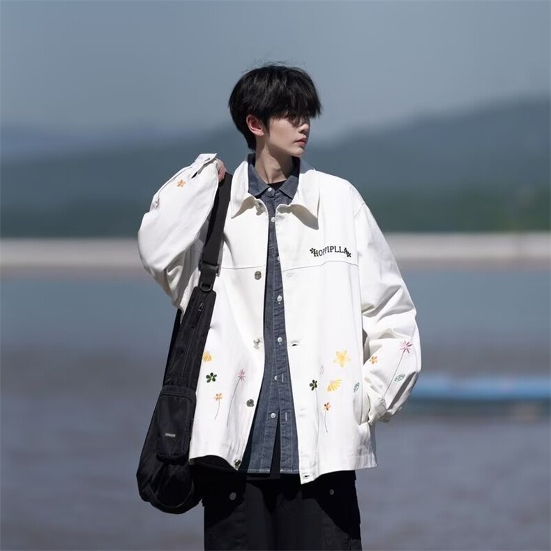 215-P60刺绣花朵翻领夹克男2025秋季新款宽松大码休闲外套,男装夹克,电商B323A