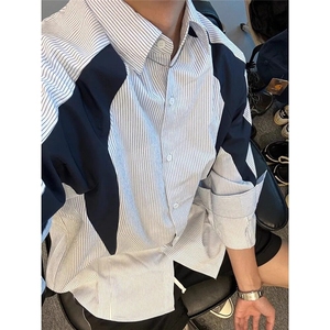 拼接蓝白条纹衬衫男春秋美式复古叠穿dk长袖衬衣痞帅cleanfit外套图片