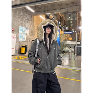 现货重磅boxy短款棉衣座山雕大毛毛领男女棉服水洗工装厚外套图片