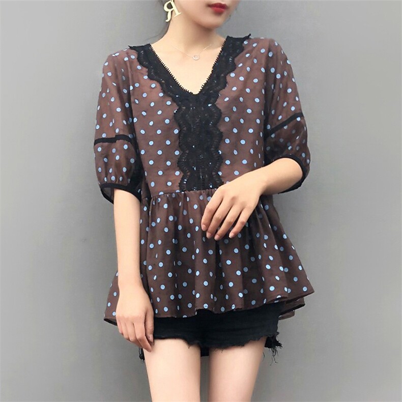简约时尚潮流蕾丝衫/雪纺衫短袖2021年夏季宽松优雅，女装蕾丝衫/雪纺衫，深水步
