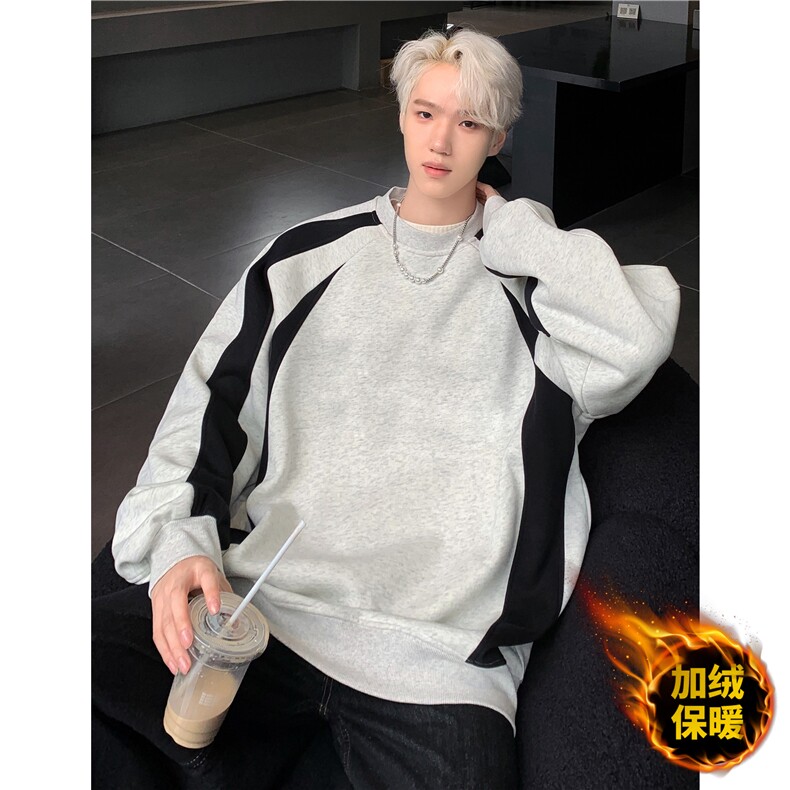 秋冬新款撞色拼接重磅加绒卫衣男圆领简约打底衫MY085-P60,男装卫衣,电商C307