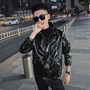 春款社会风小伙PU皮亮面修身立领黑武士机车夹克 D1150-P115控148图片
