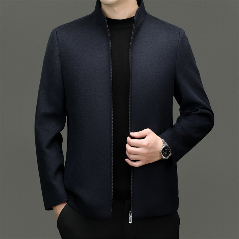 高端男中老年立领绵羊毛山羊绒夹克外套中年休闲商务山羊绒茄克衫，男装毛呢大衣，钱塘723