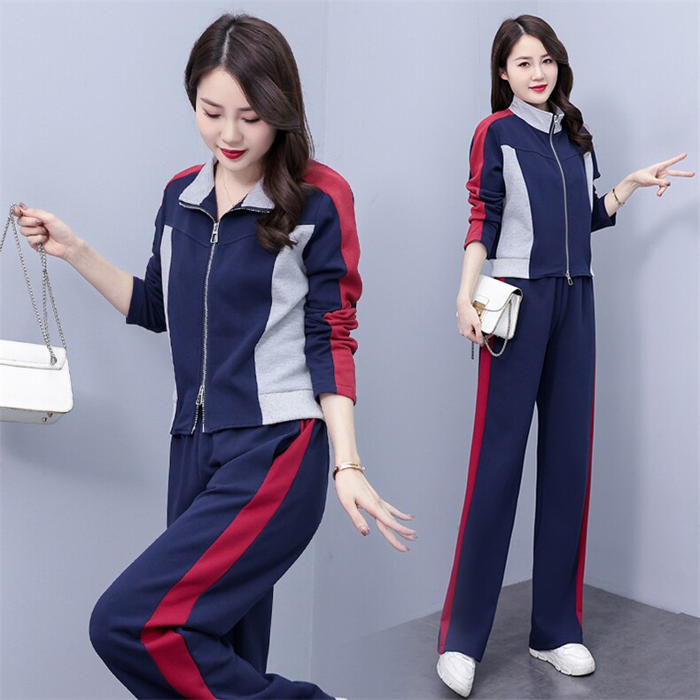 运动套装女春秋2025新款时尚显瘦开衫拼色休闲服立领卫衣两件套棉,女装套装/套裙,凝聚力