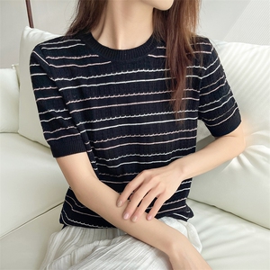 显瘦条纹减龄短袖T恤衫女纯棉通勤2025春夏新款圆领背心针织小衫图片