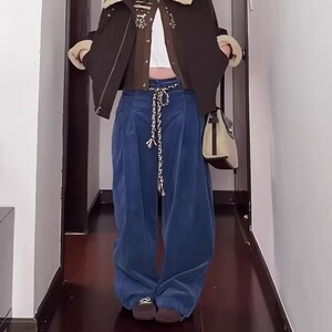 灯芯绒工装裤休闲裤男女美式复古秋冬可调节腰阔腿捏褶长裤图片
