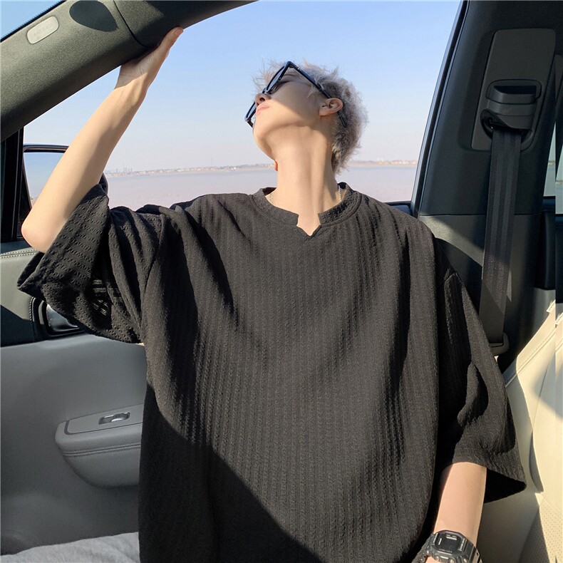 高品质肌理感条纹鸡心领V领得物抖音二开2短袖T恤男LT2501特价P16,男装T恤,电商A426-1(原A430-1)