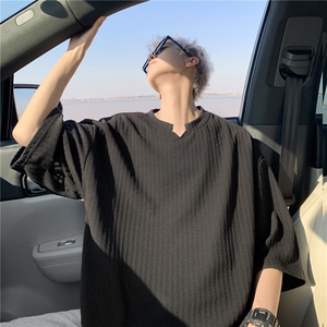 高品质肌理感条纹鸡心领V领得物抖音二开2短袖T恤男LT2501特价P16图片