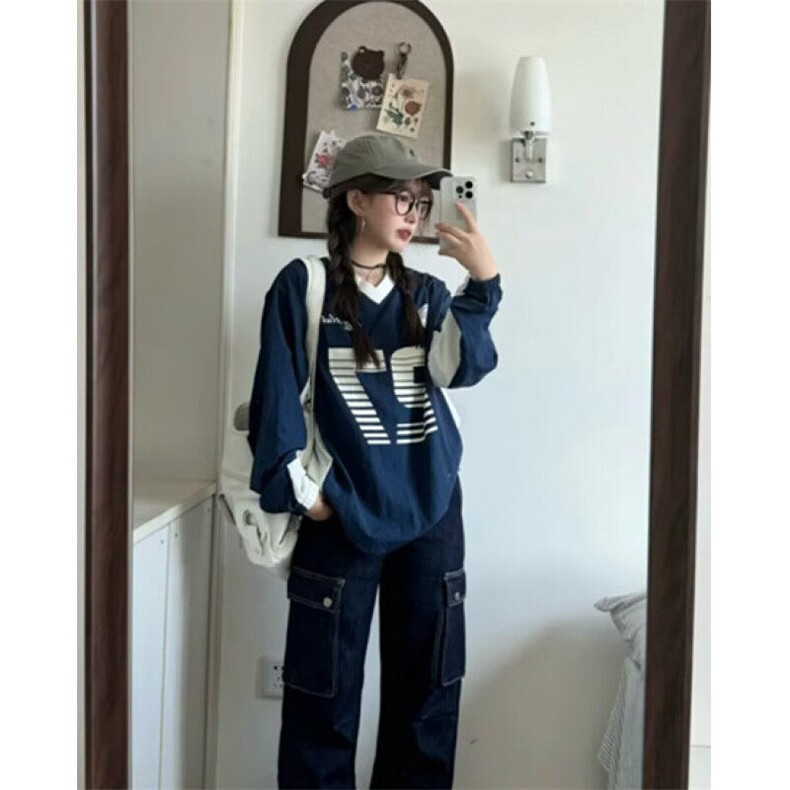 复古拼接撞色v领工装卫衣女春秋宽松设计感休闲运动风上衣TC03,男装T恤,星座1116A（原606A-3）