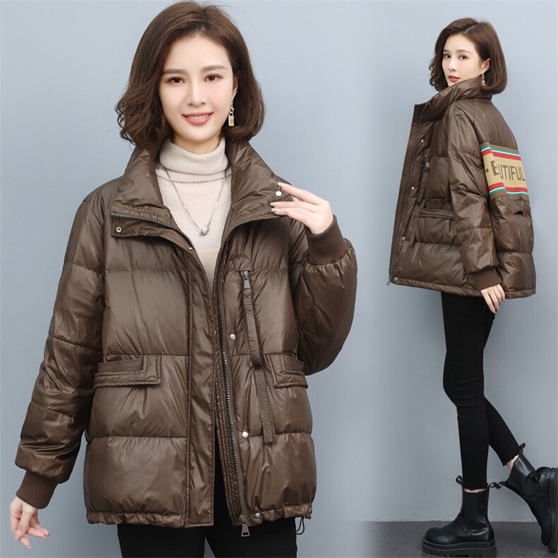 2021冬装新款时尚百搭短款针织字母拼接羽绒面包服，女装羽绒服，深水步