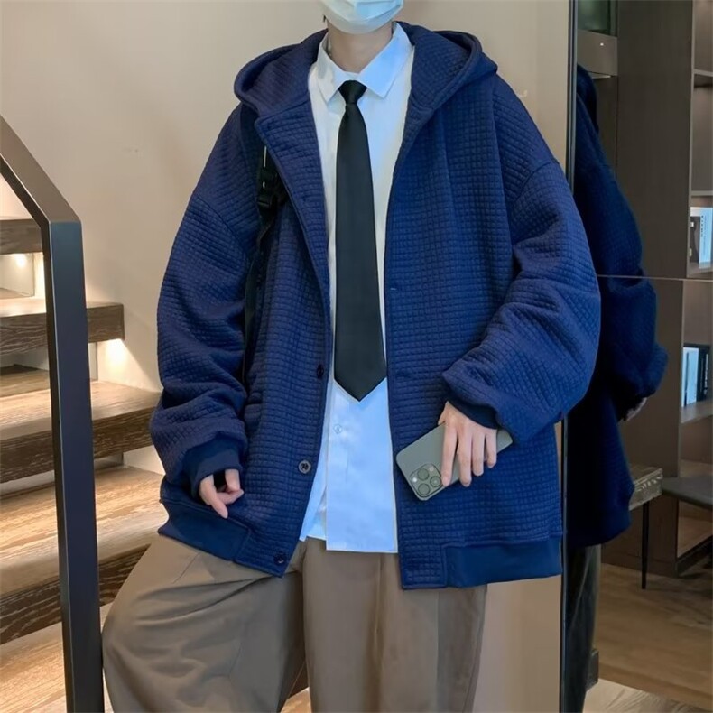 春秋季oversize潮牌开衫连帽卫衣日系复古华夫格外套男W6602-P50,男装卫衣,星座512-3