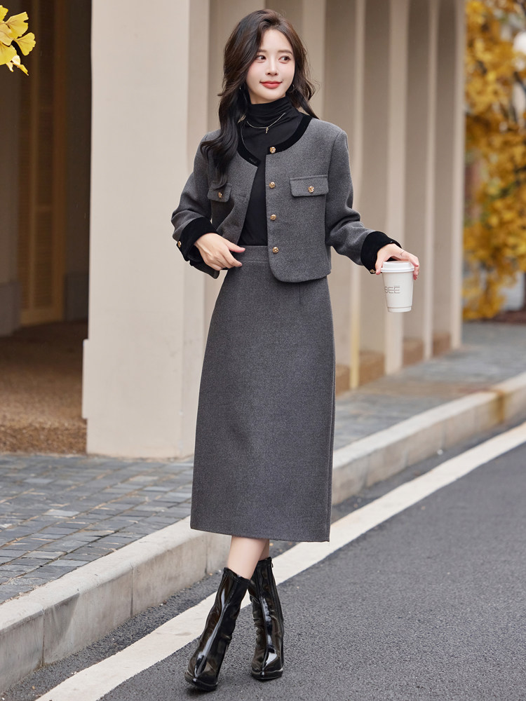 【新款现货】2024新款冬装法式时尚小香风套装长裙两件套含60毛,女装套装/套裙,兰菲阁
