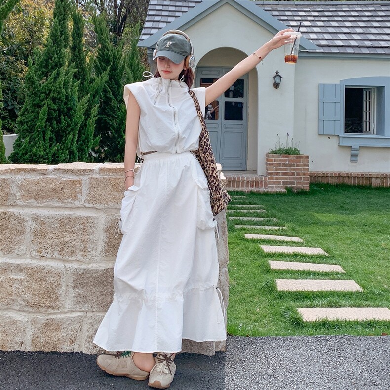 米白色工装套装裙女2025夏季新款韩系松弛感连帽马甲半身裙两件套,女装套装/套裙,2C159