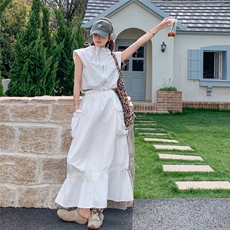 米白色工装套装裙女2025夏季新款韩系松弛感连帽马甲半身裙两件套，女装套装/套裙，2C159