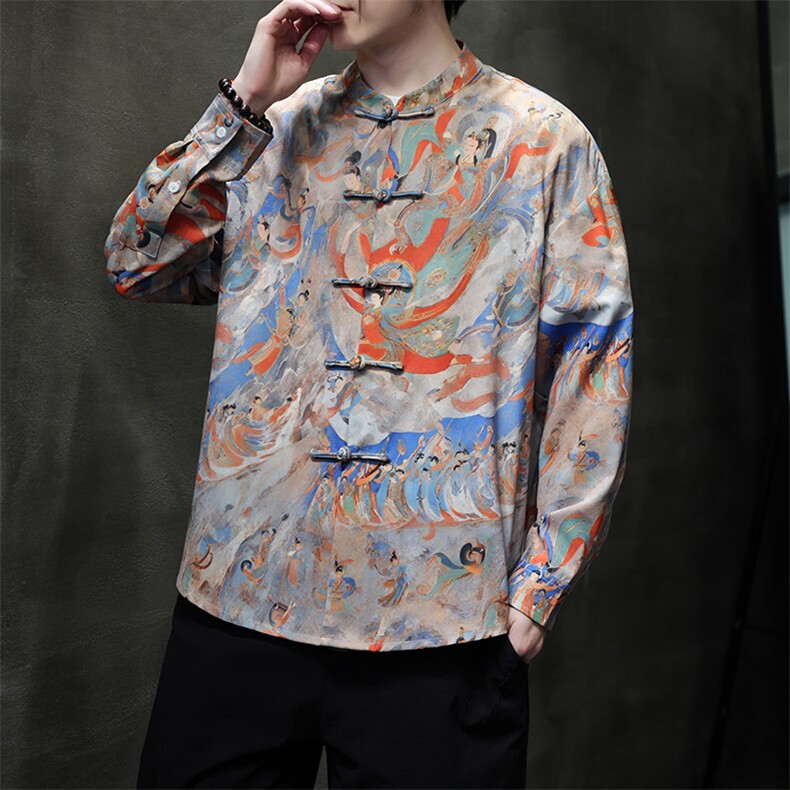 新中式春夏新品{敦煌壁画}数码印花风立领长袖唐装衬衫31219,男装衬衫,星座305A（原312A-1）