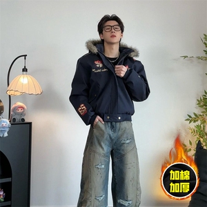 现货高品质美式高街重磅刺绣座山雕大毛毛领棉衣男女加厚棉服外套图片