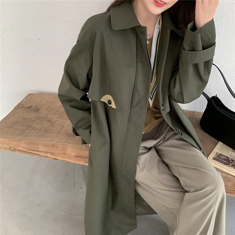 现货日系复古拼色长款风衣，女装风衣，汐美