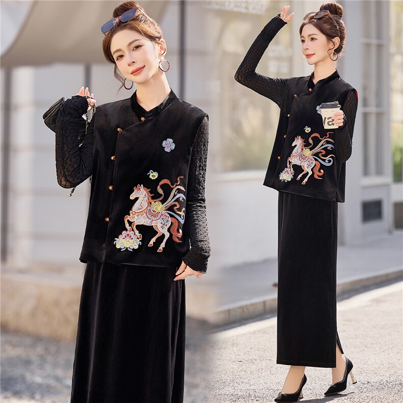 【明星同款马年限定】2026早春重工刺绣新中式马甲丝绒三件套裙，女装套装/套裙，雅静靓衣