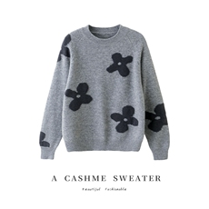 羊毛衫女圆领套头宽松加厚毛衣秋冬新款拼色提花针织衫，女装羊毛衫，臻纶羊绒