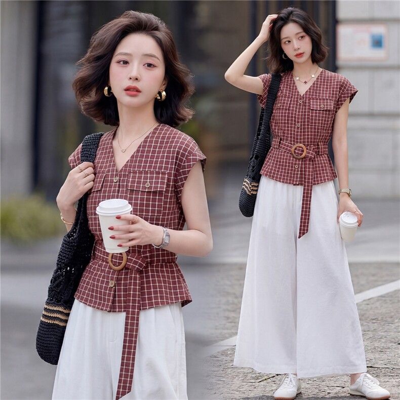 2026年夏季优雅风格子收腰短袖上衣白色阔腿裤两件套女，女装套装/套裙，微微衣阁